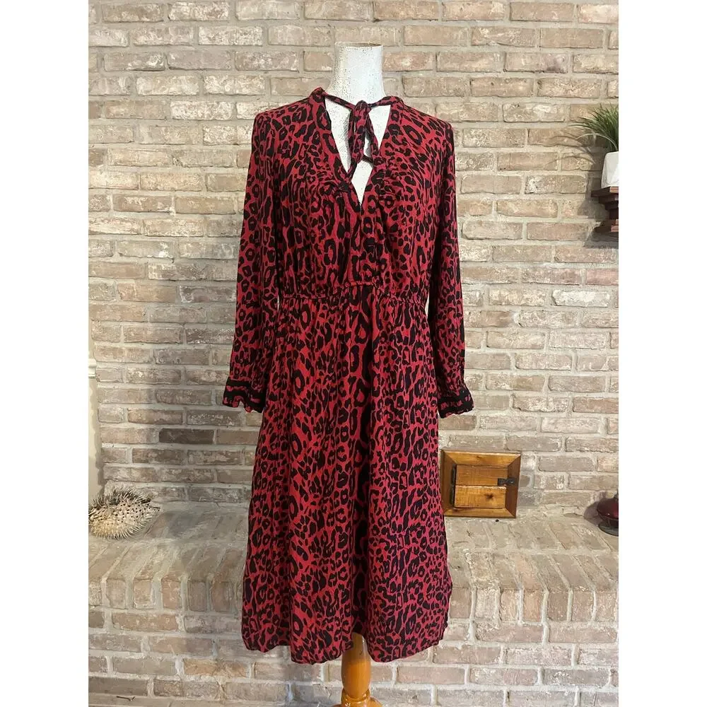 Zara Womens Red Leopard Print Midi Dress Tie Sz L - Picture 2 of 6